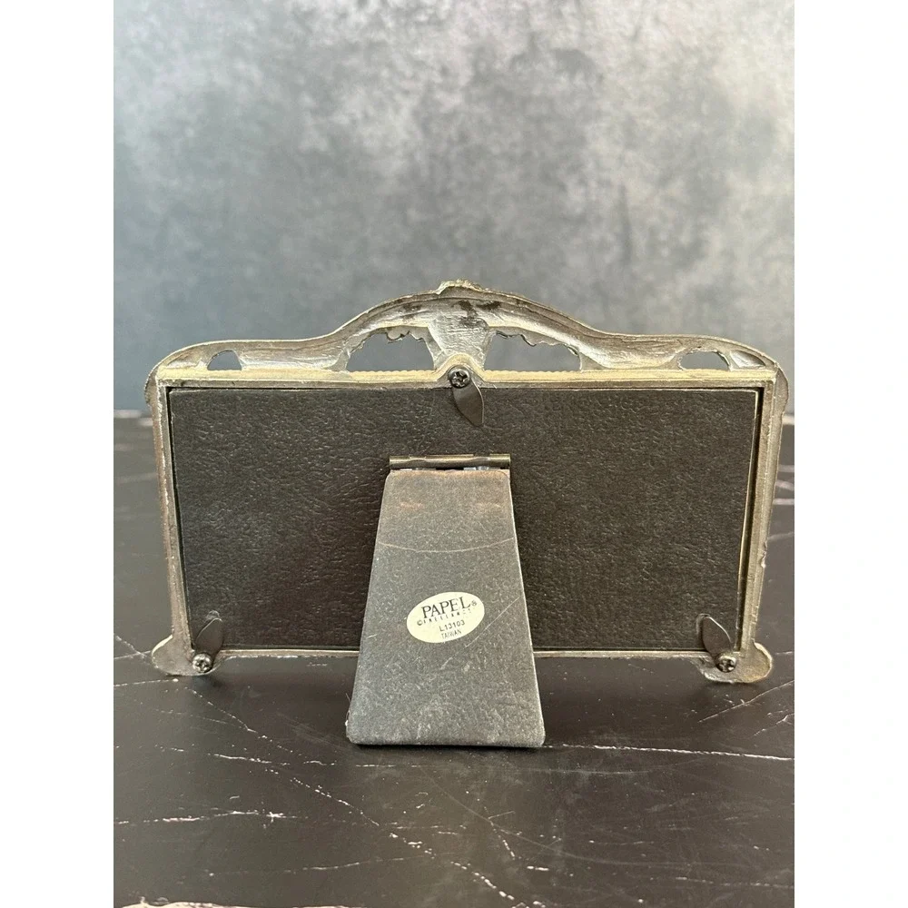 Vintage Papel‎ 90s Floral Pewter Baroque Frame Holds 3 Wallet Photos 1.5